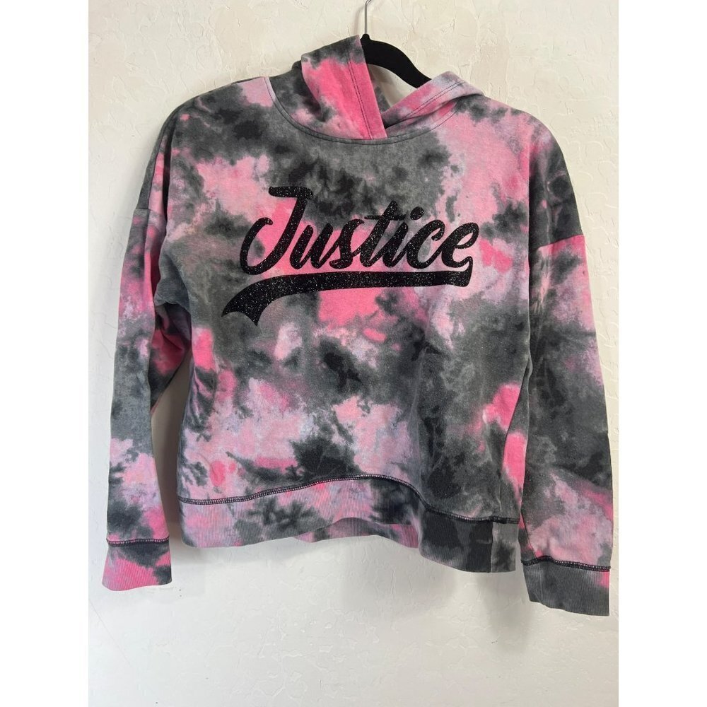 Justice Girls Large Hot Pink Black Grey Tie Die Glitter Logo Hoodie Sweatshirt B